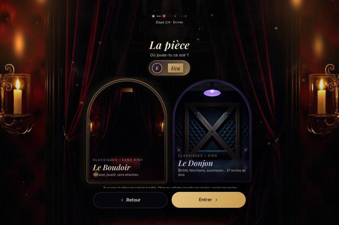 L'écran réel de la pièce : le Boudoir, ou le Donjon